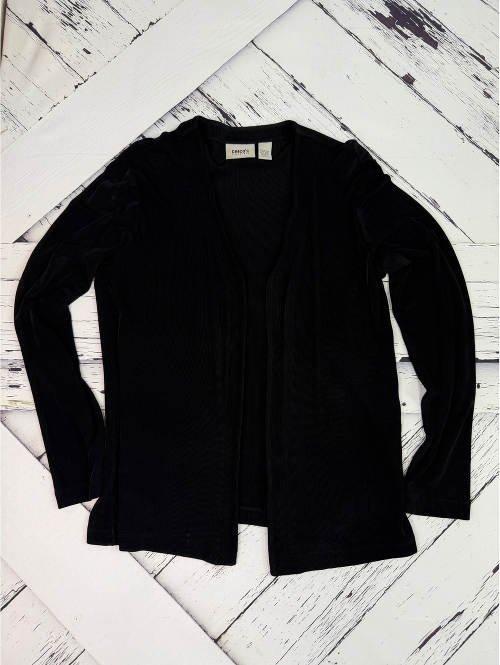 Chico’s Travelers Black Slinky Knit Open Front Cardigan Jacket Blazer Women M